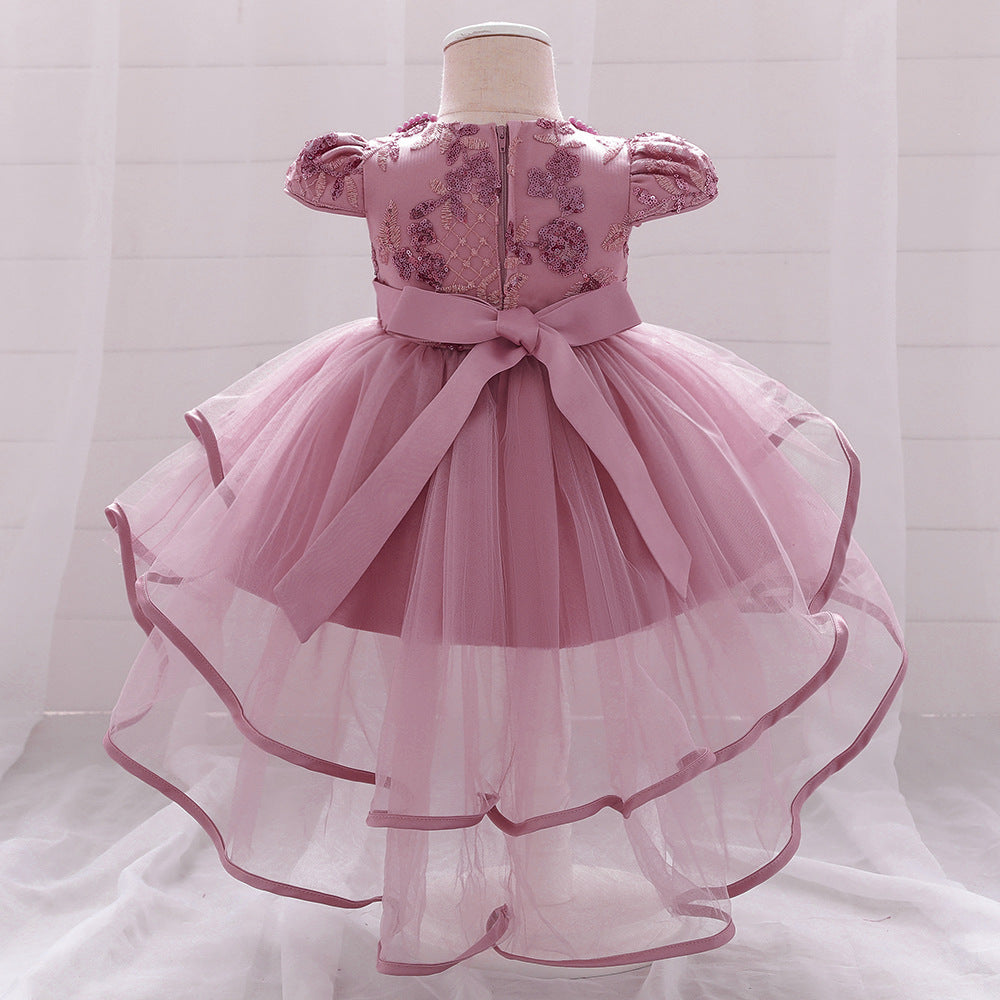 Vestido Rosa Vieja con cola, perlitas, manga