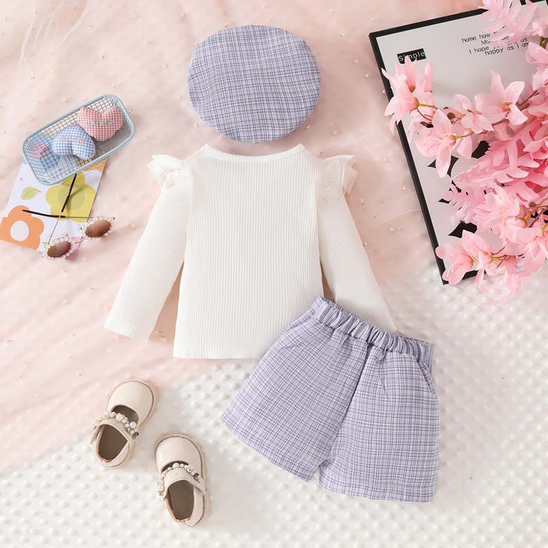 Conjunto 3 pcs, short pollera, básica, boina Lila inv 3003