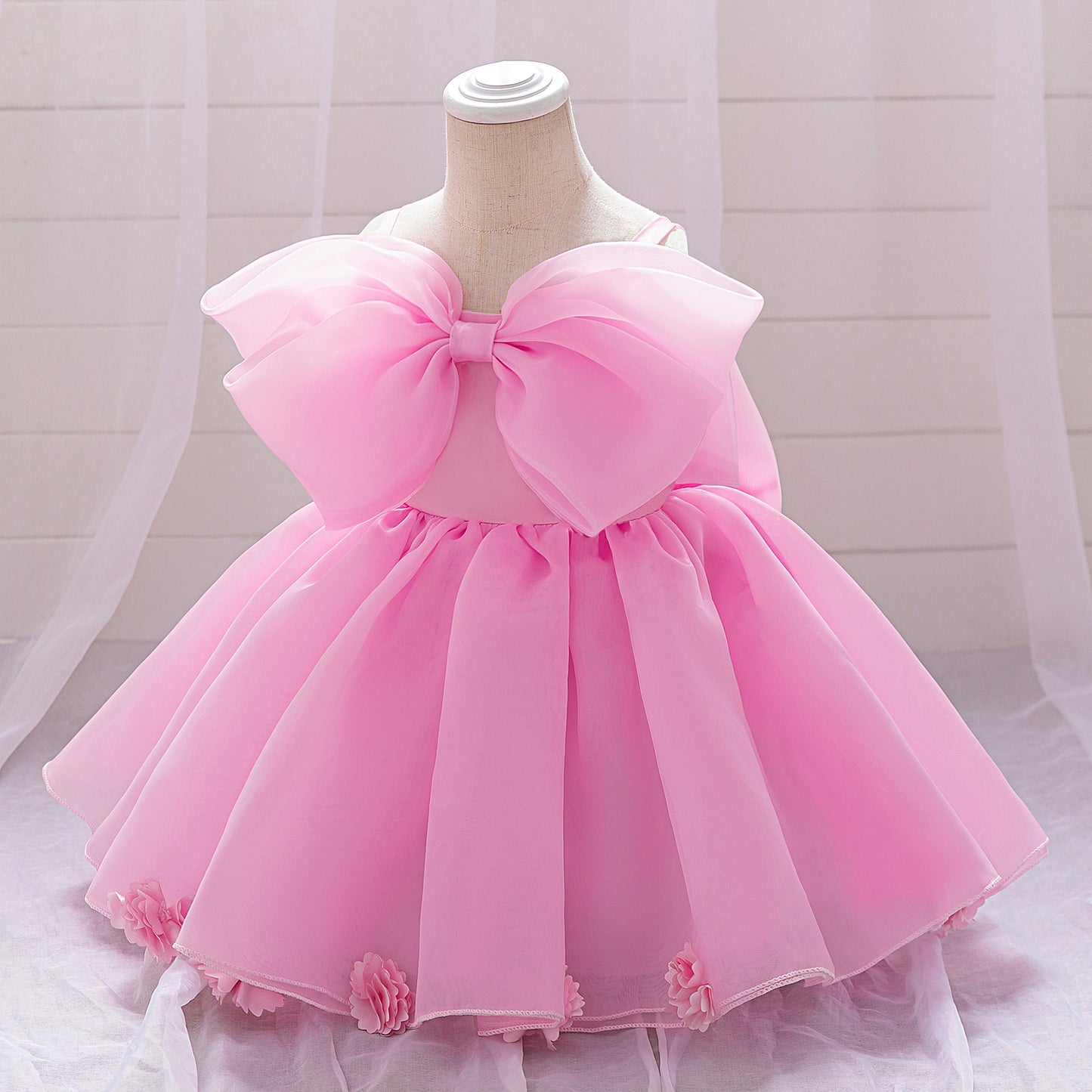 Vestido Rosa, flores moño 2051RP
