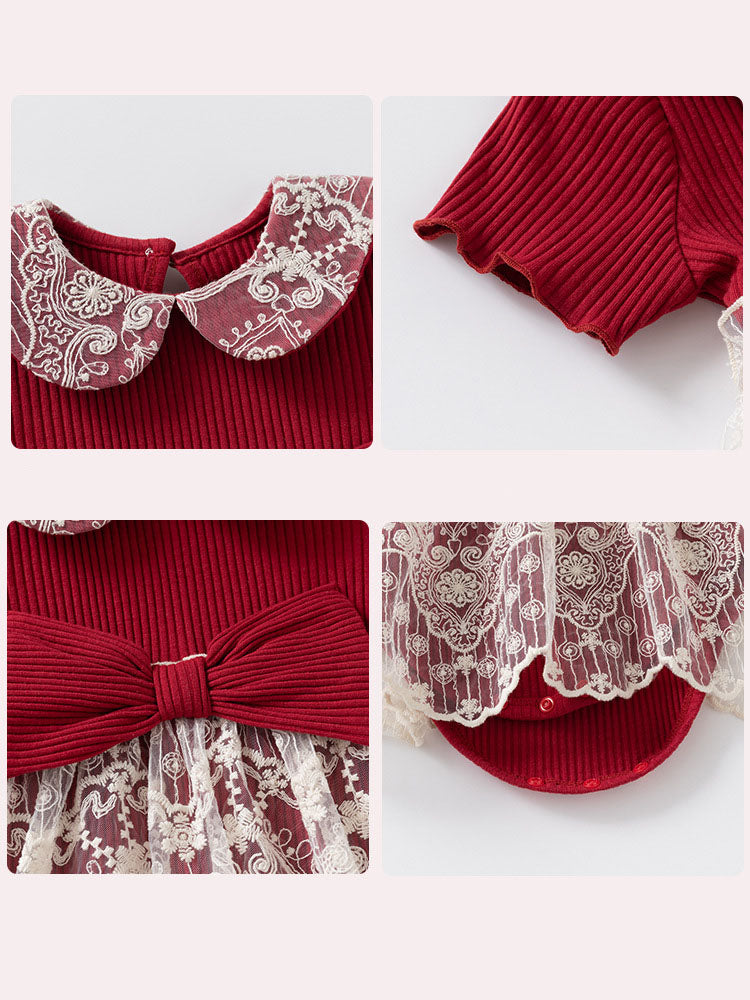Vestibody rojo, solapa de encaje, lazos 3D, navidad,🍒 1092