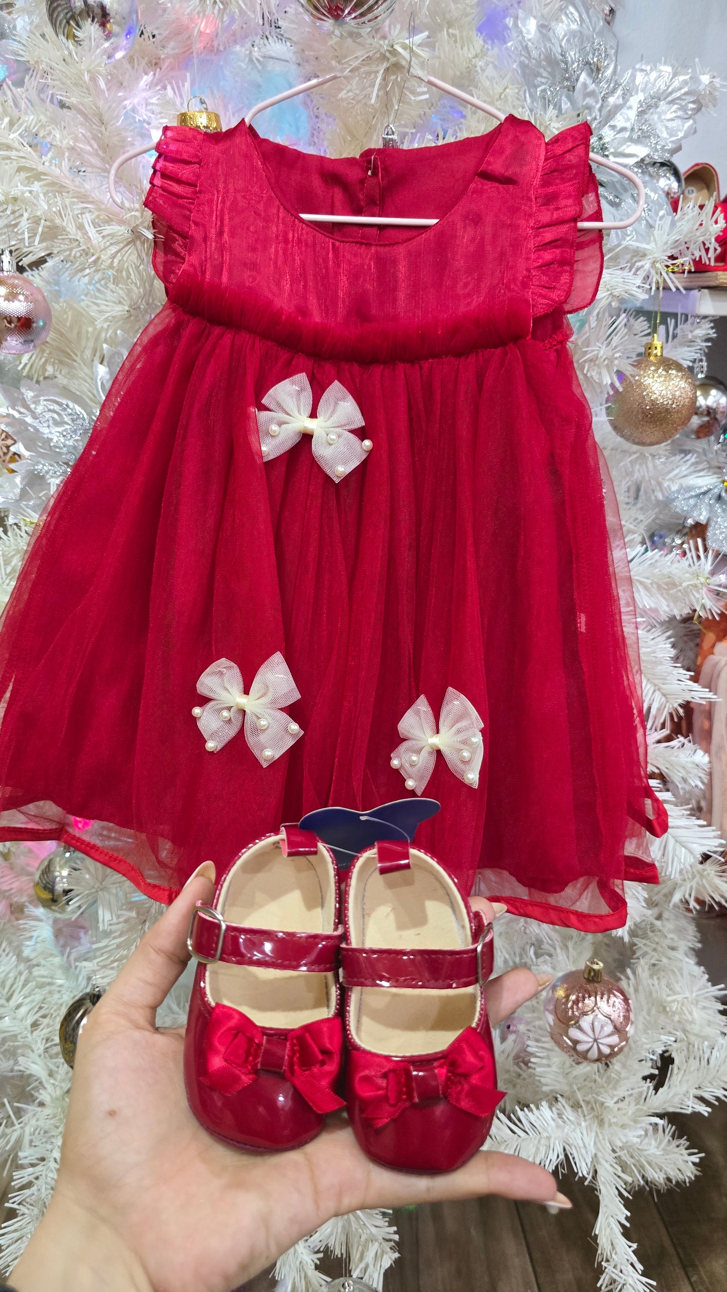 Vestido bordó, rojo, navidad,con moñitos🎀🌹✨1140