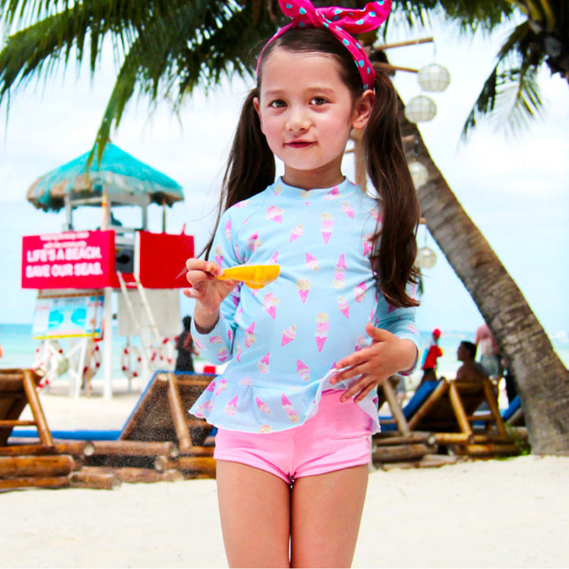 Traje de baño☀️ conjunto mangas largas más short pollera, diseño Helados🍦1251