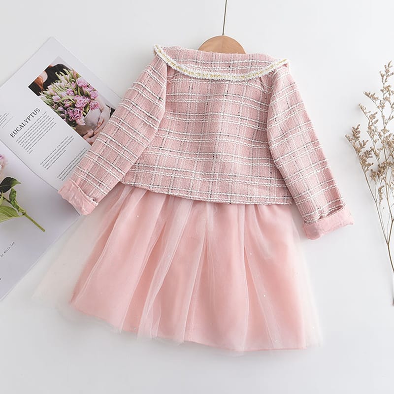 Conjunto Vestido más blazer rosa, con brillos, abrigo inv 2608
