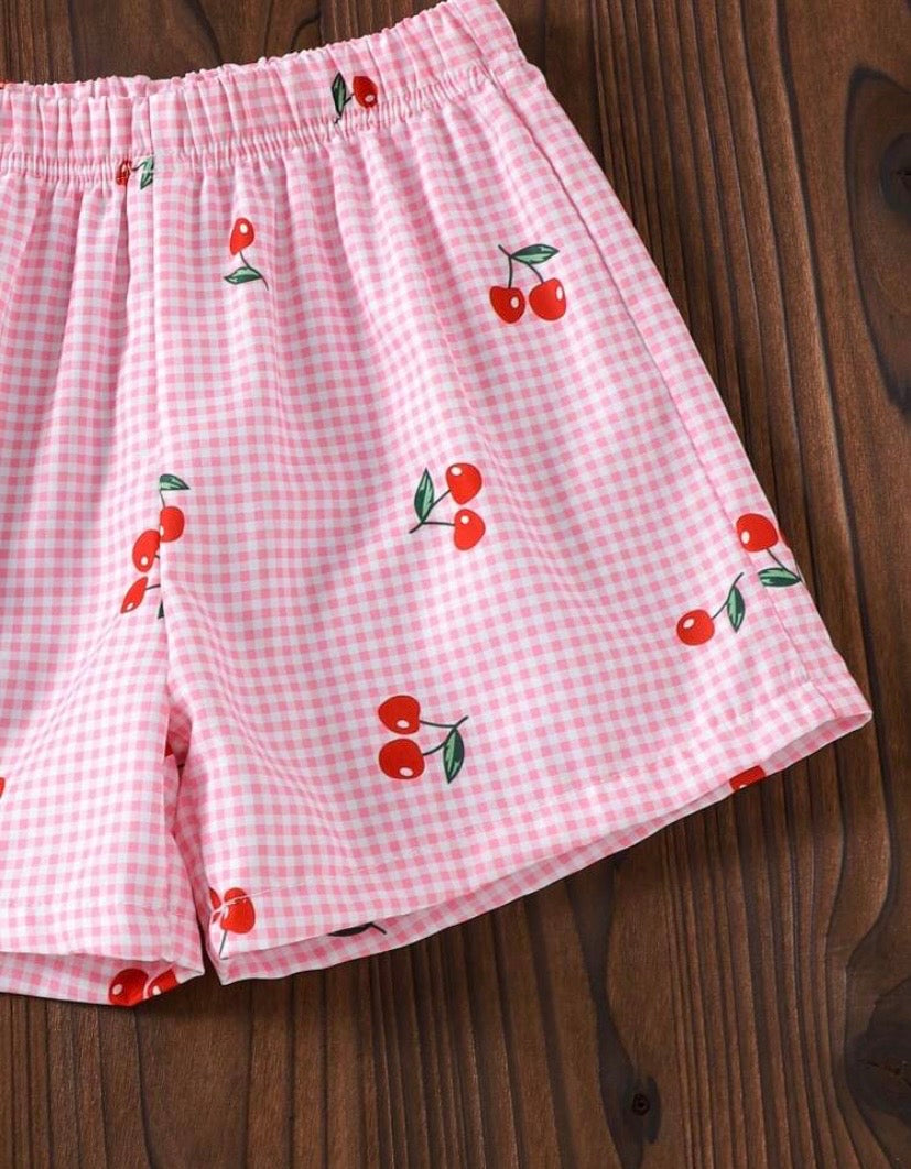 Conjunto blusita más short rosa a rayas con detalles de cerezas 🍒🩷 3579