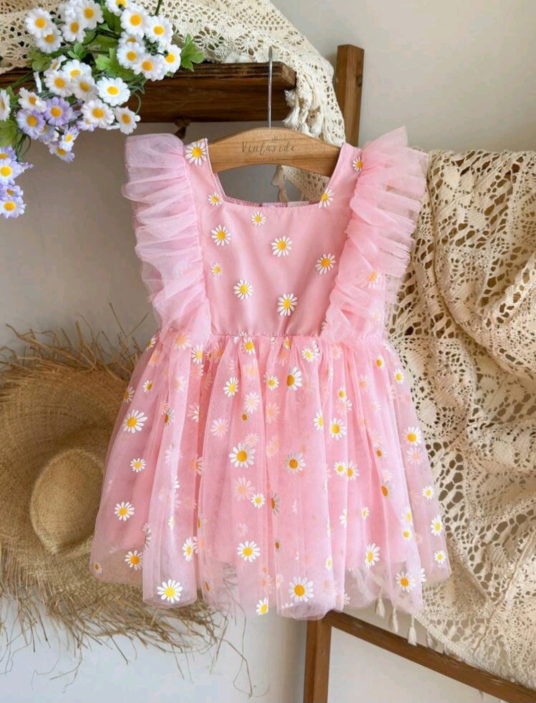 Vestido Rosa con margaritas, sesión precumple, cumpleaños