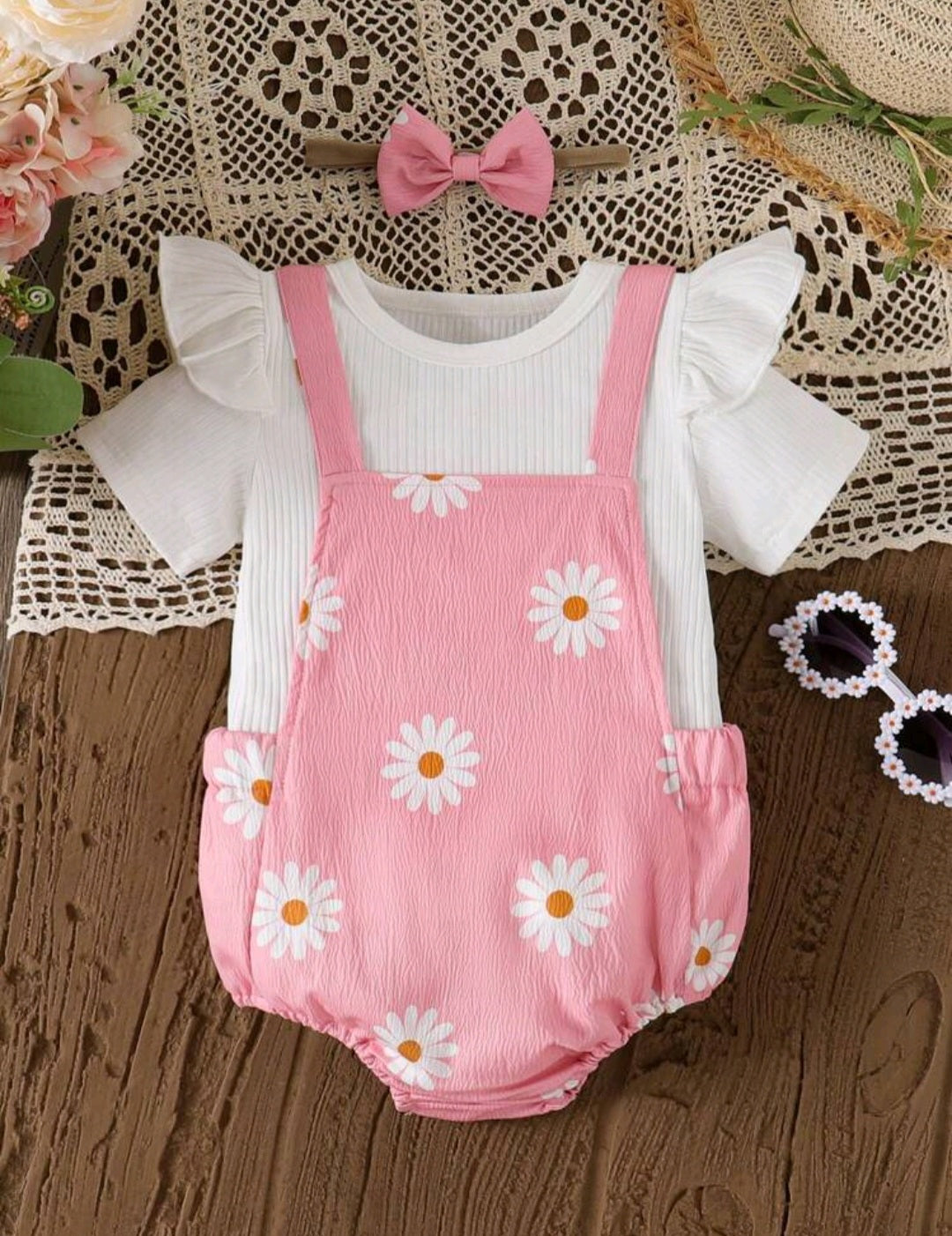 Conjunto Jardinera rosa con margaritas más blusa🌸