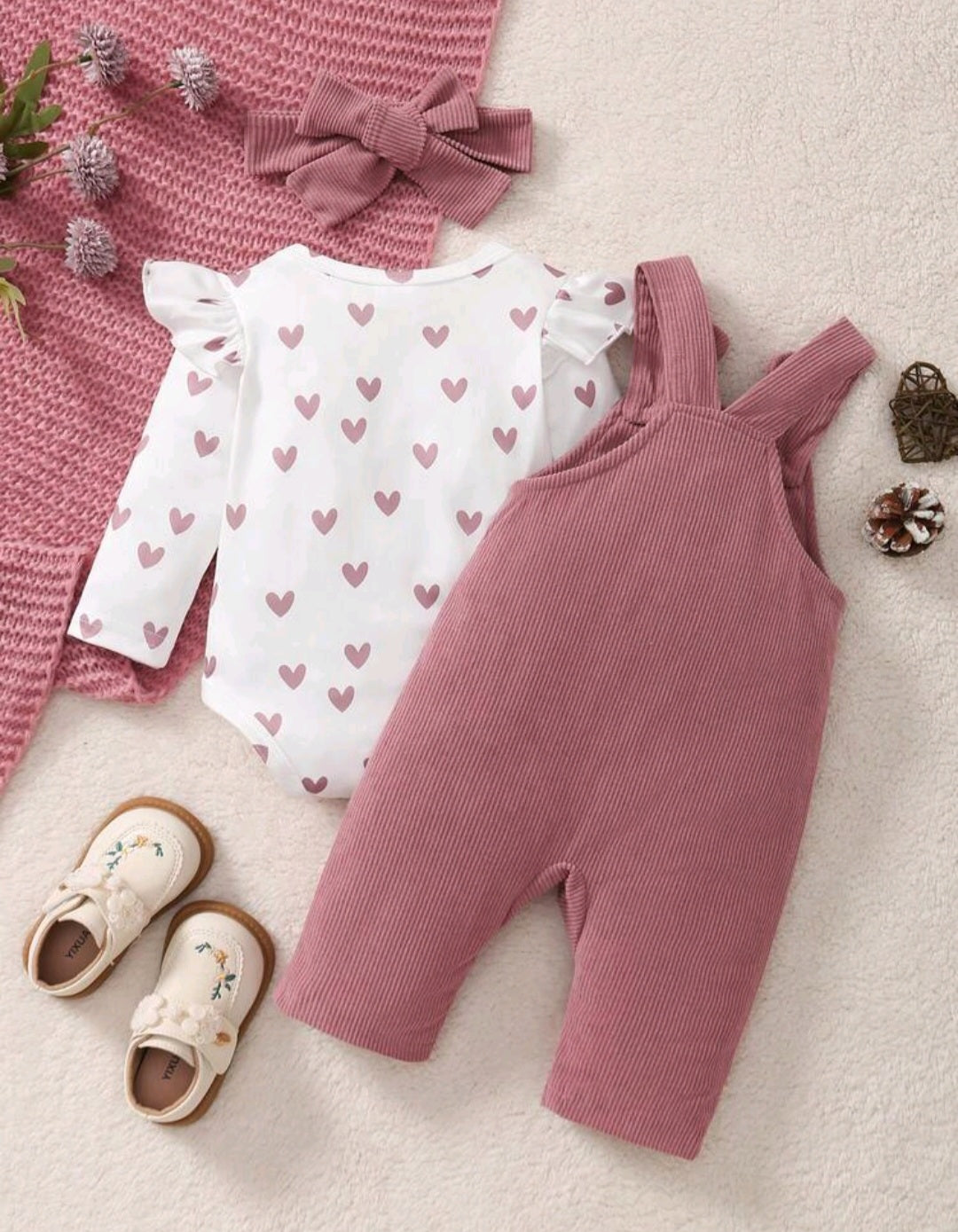 Enterizo mono 3pcs rosa oscura con body corazones 0-🎀 inv 2628