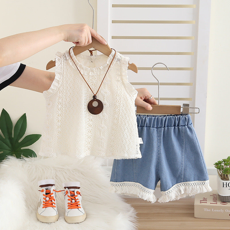 Conjunto blusa bordada mas short de jeans con detalles bordados 💙 3633