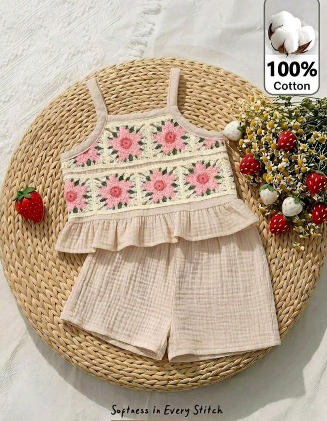 Conjunto blusa más short beige, flores 🌷 3596