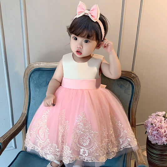 Vestido Marfil, rosa, moño