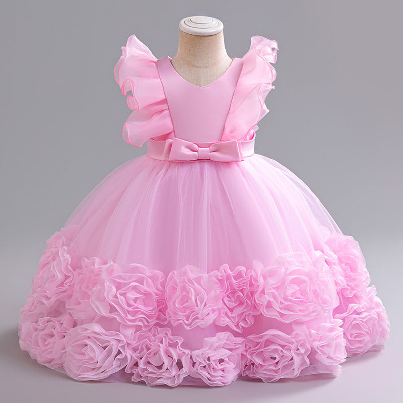 Vestido Rosa con flores, detalles en mangas 2050RP