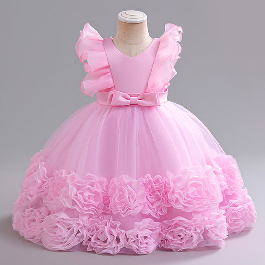 Vestido Rosa con flores, detalles en mangas 2050RP