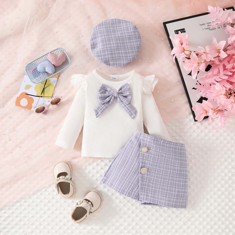 Conjunto 3 pcs, short pollera, básica, boina Lila inv 3003
