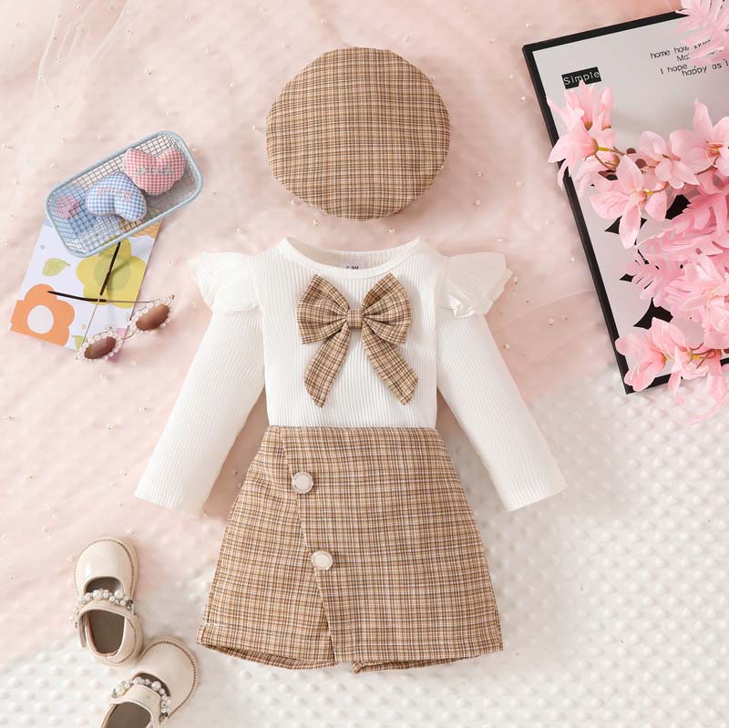 Conjunto 3 pcs, short pollera, básica, boina marrón inv 3002