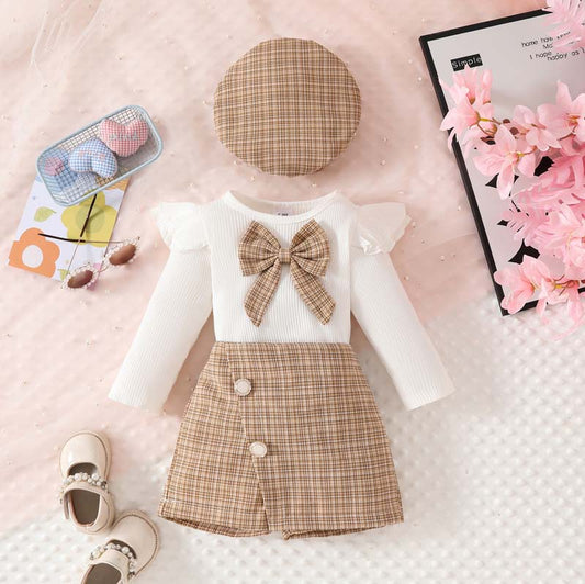 Conjunto 3 pcs, short pollera, básica, boina marrón inv 3002