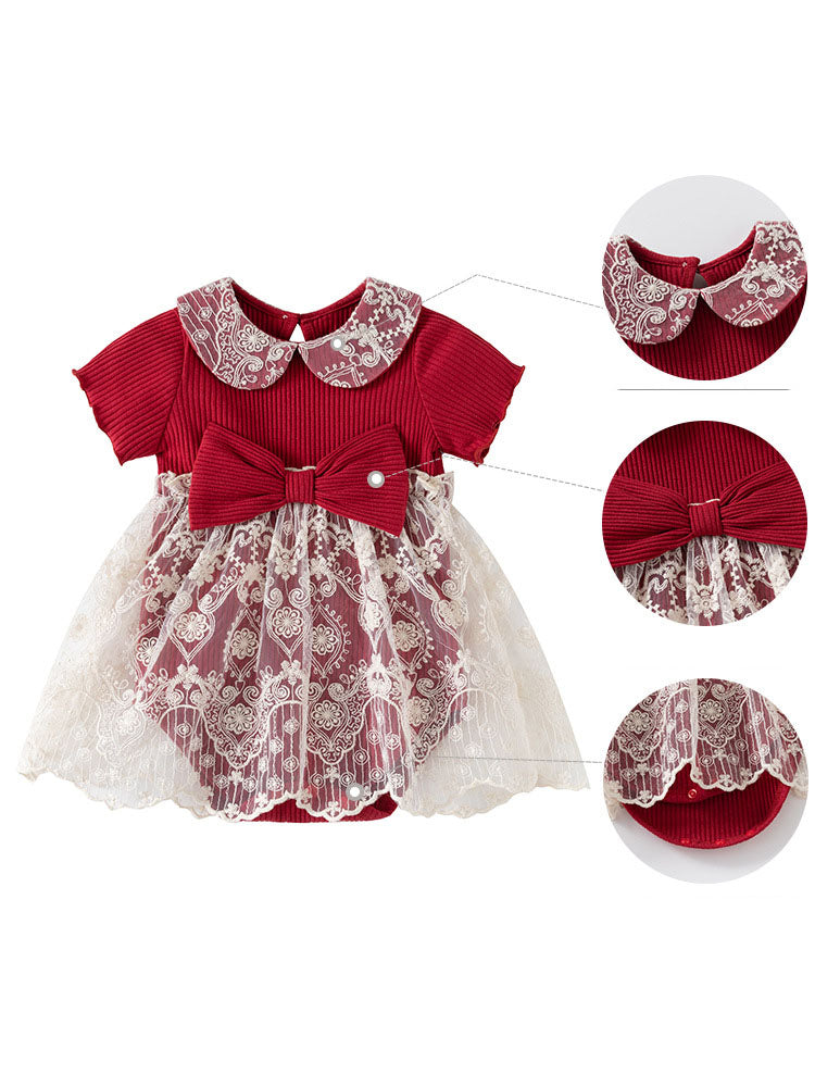 Vestibody rojo, solapa de encaje, lazos 3D, navidad,🍒 1092
