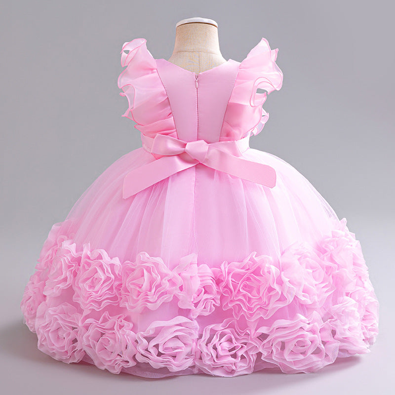 Vestido Rosa con flores, detalles en mangas 2050RP