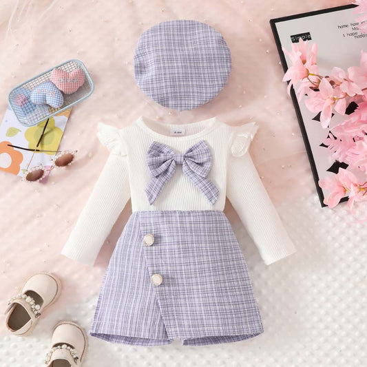 Conjunto 3 pcs, short pollera, básica, boina Lila inv 3003