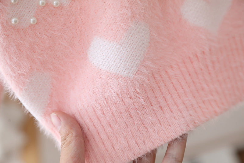 Suéter de hilo rosa con corazones 🩷🤍 , abrigo, abrigo de hilo, inv 2613