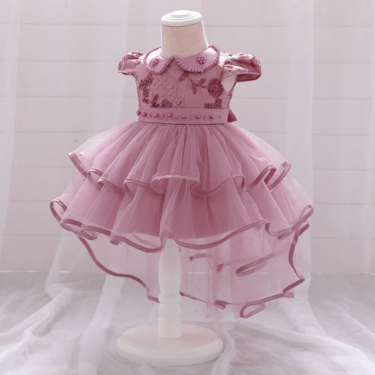 Vestido Rosa Vieja con cola, perlitas, manga