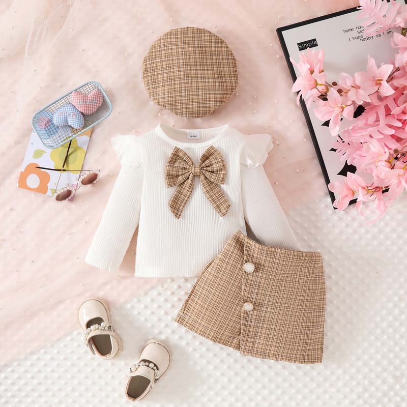 Conjunto 3 pcs, short pollera, básica, boina marrón inv 3002