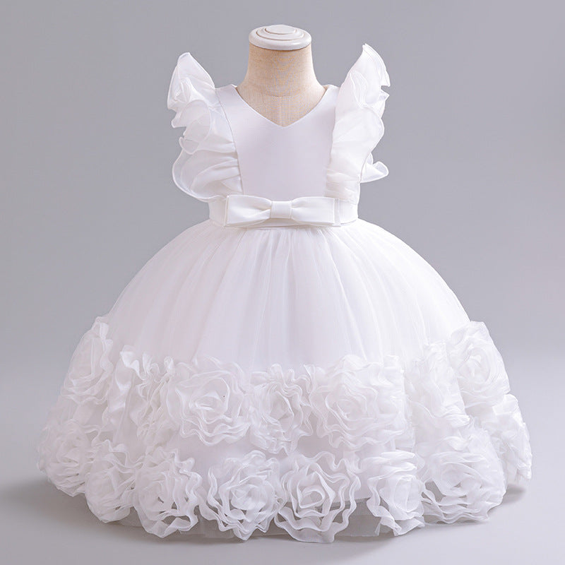Vestido blanco con flores, detalles en mangas, Bautismo, Cortejo 2050B