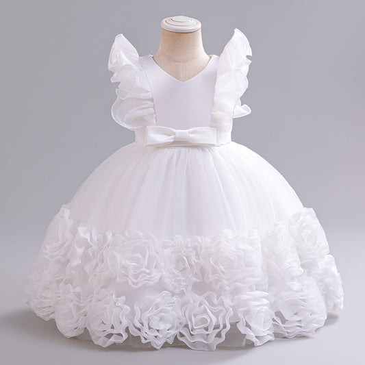 Vestido blanco con flores, detalles en mangas, Bautismo, Cortejo 2050B