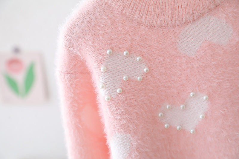 Suéter de hilo rosa con corazones 🩷🤍 , abrigo, abrigo de hilo, inv 2613