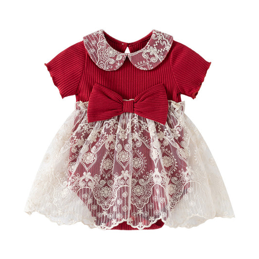 Vestibody rojo, solapa de encaje, lazos 3D, navidad,🍒 1092