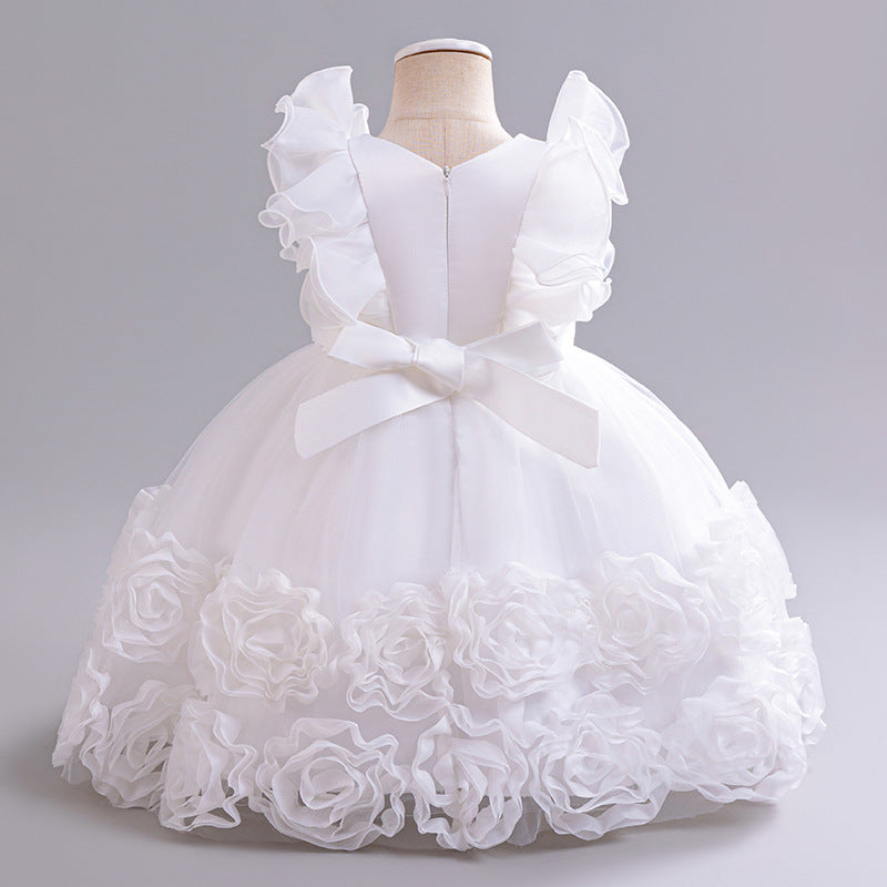 Vestido blanco con flores, detalles en mangas, Bautismo, Cortejo 2050B