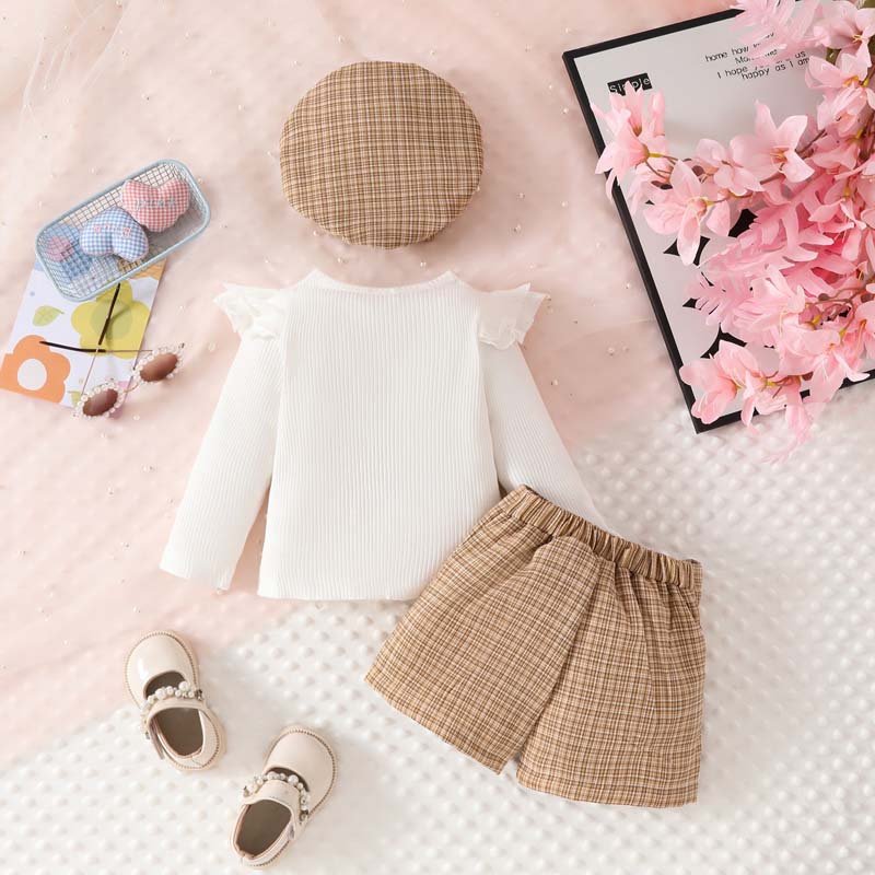 Conjunto 3 pcs, short pollera, básica, boina marrón inv 3002