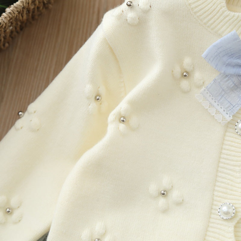 Suéter de hilo, blanco con flores, abrigo, abrigo de hilo, inv 2615