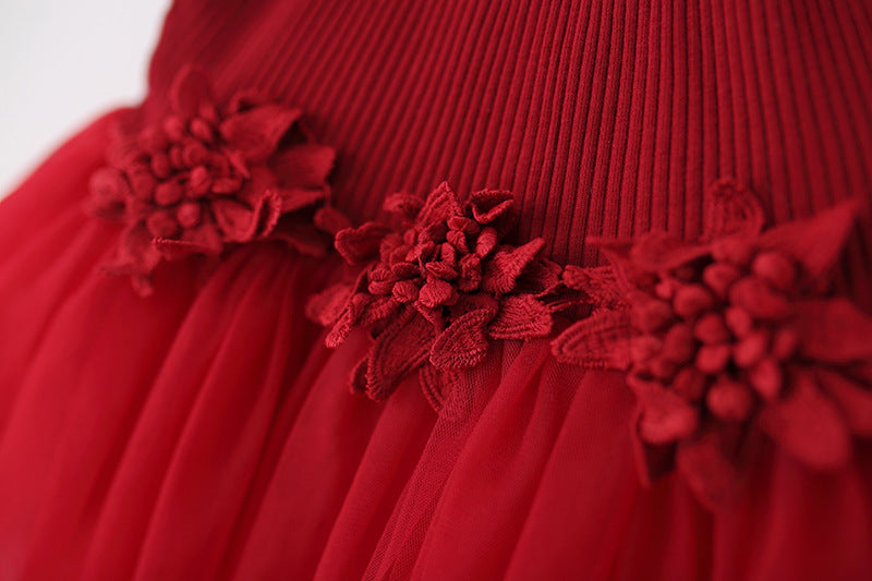 Vestido rojo oscuro con detalle de flores 3D ❤️🎅1506