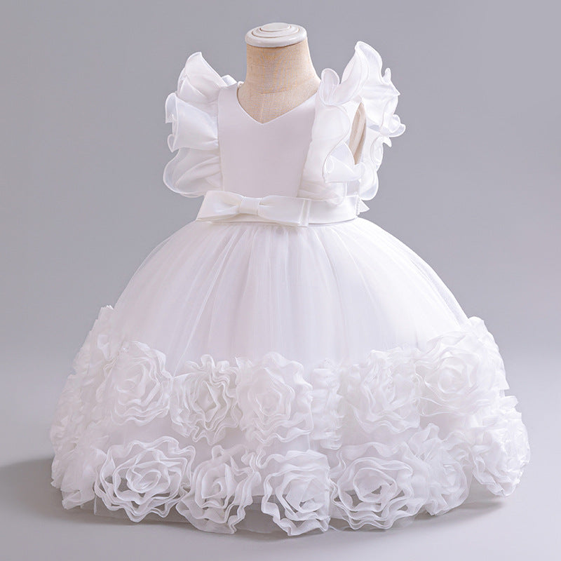 Vestido blanco con flores, detalles en mangas, Bautismo, Cortejo 2050B