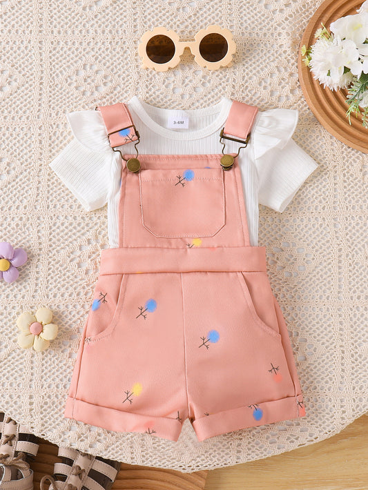 Conjunto body blanco más jardinera rosa, jardinerita, con detalles de flores 🌸 3336