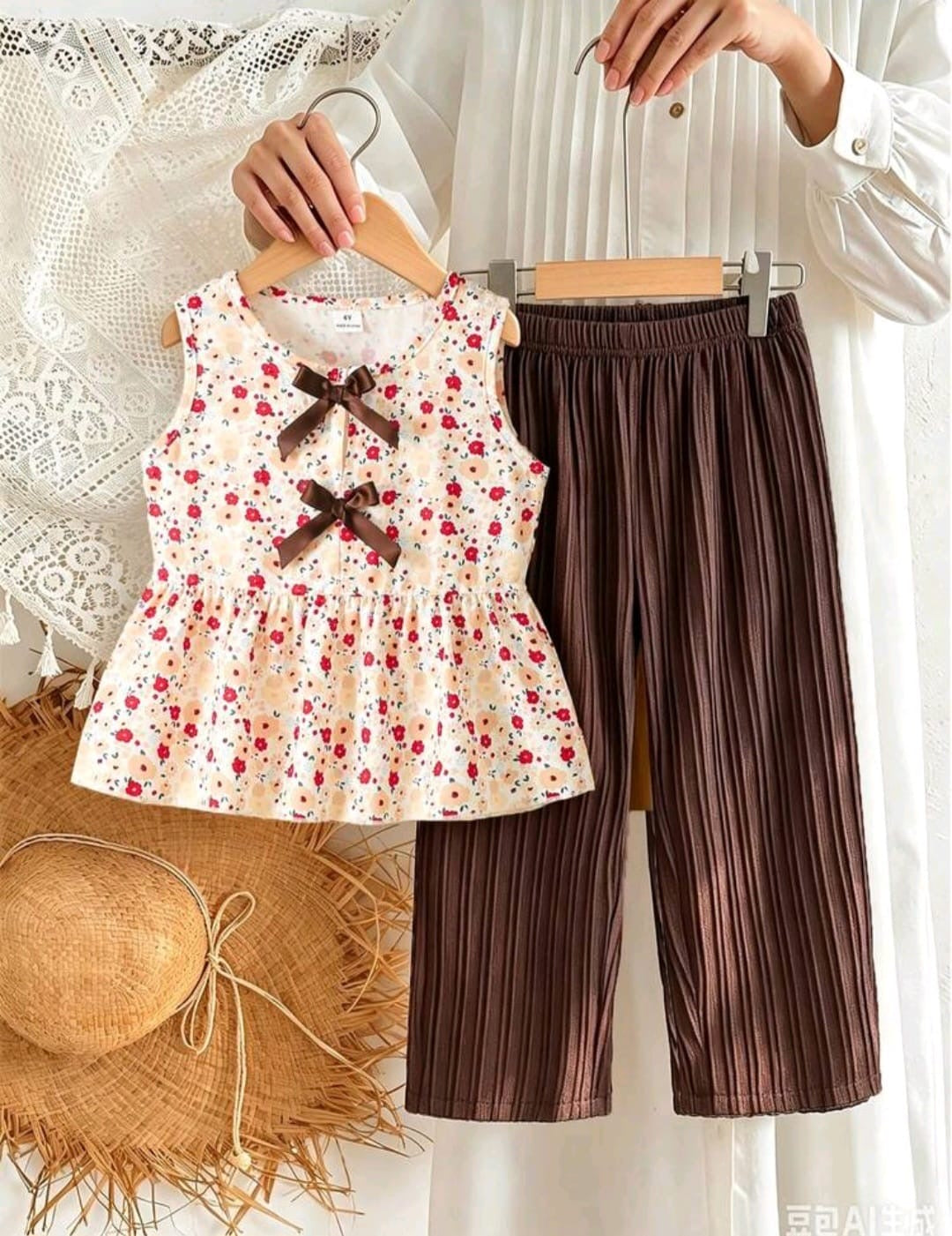 Conjunto 2 piezas, Casual, moñitos, floreado🤎🌸3374
