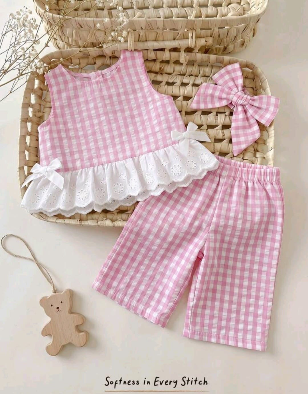 Conjunto 2 piezas, Rosa, granja,moño🩷🤍3382