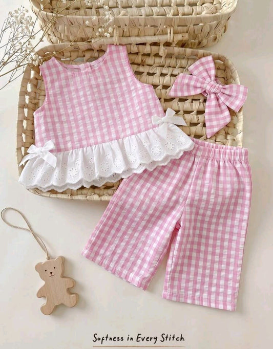 Conjunto 2 piezas, Rosa, granja,moño🩷🤍3382