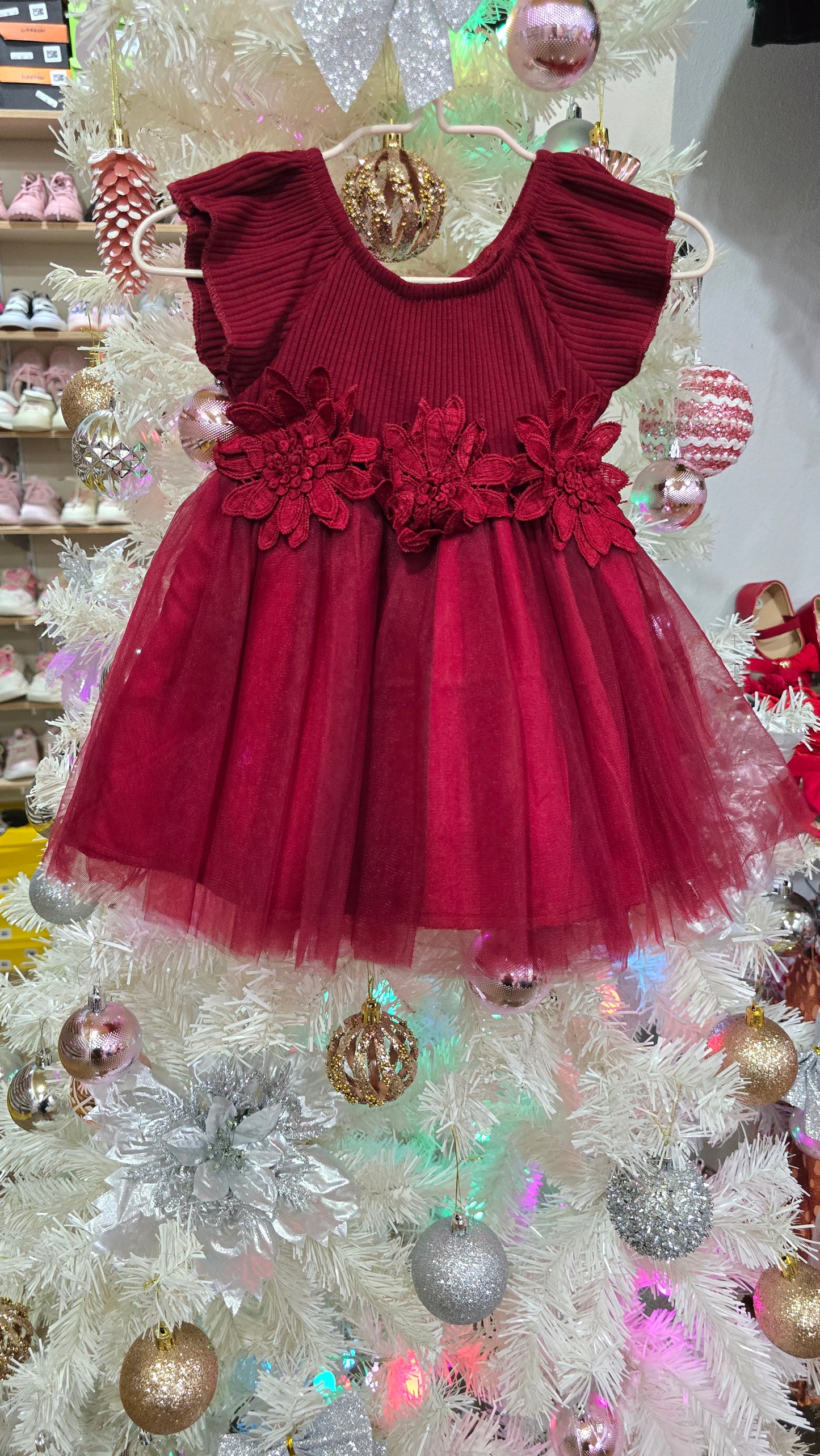 Vestido rojo oscuro con detalle de flores 3D ❤️🎅1506