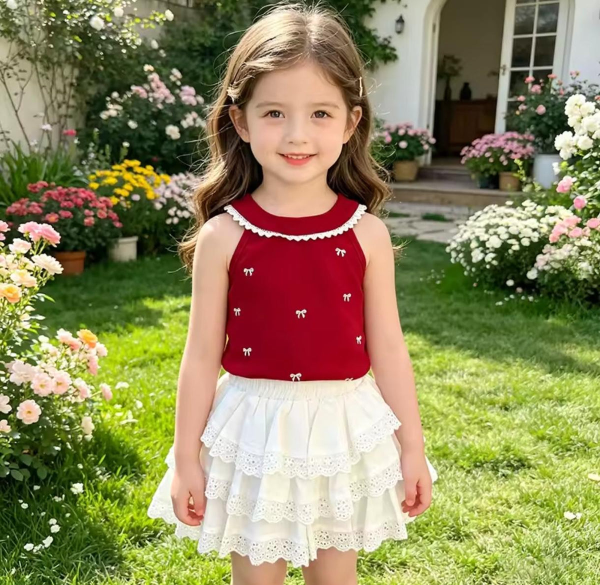 Conjunto blusita roja más short pollera beige ❤️ 3675
