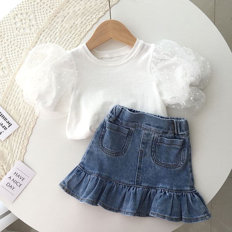 Conjunto remerita blanca más pollera de jeans, manga princesa 🤍 3677