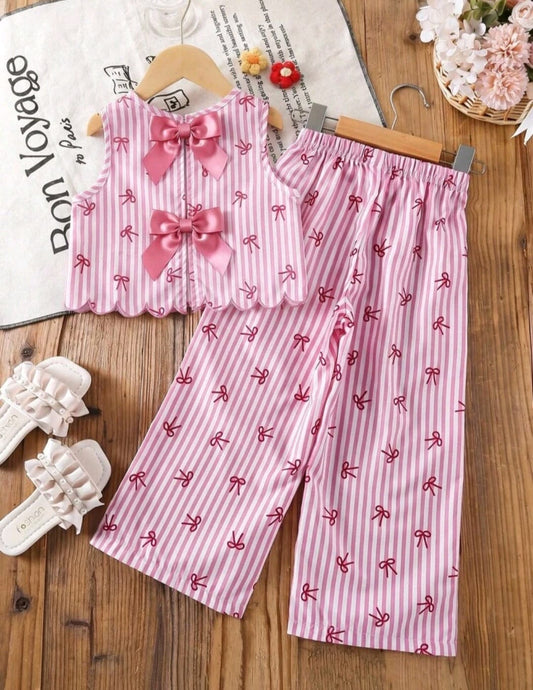 Conjunto pantalón más blusa rosa, moños 🎀🩷 3590