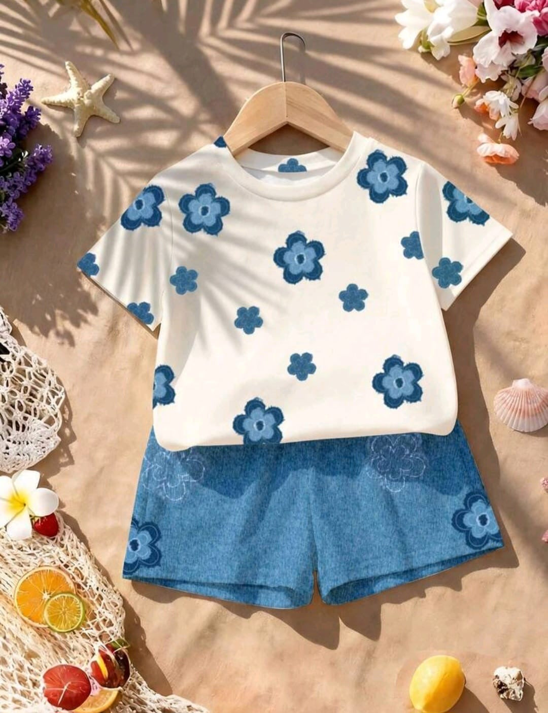 Conjunto 2 piezas, florecitas, azul, casual 💙3387