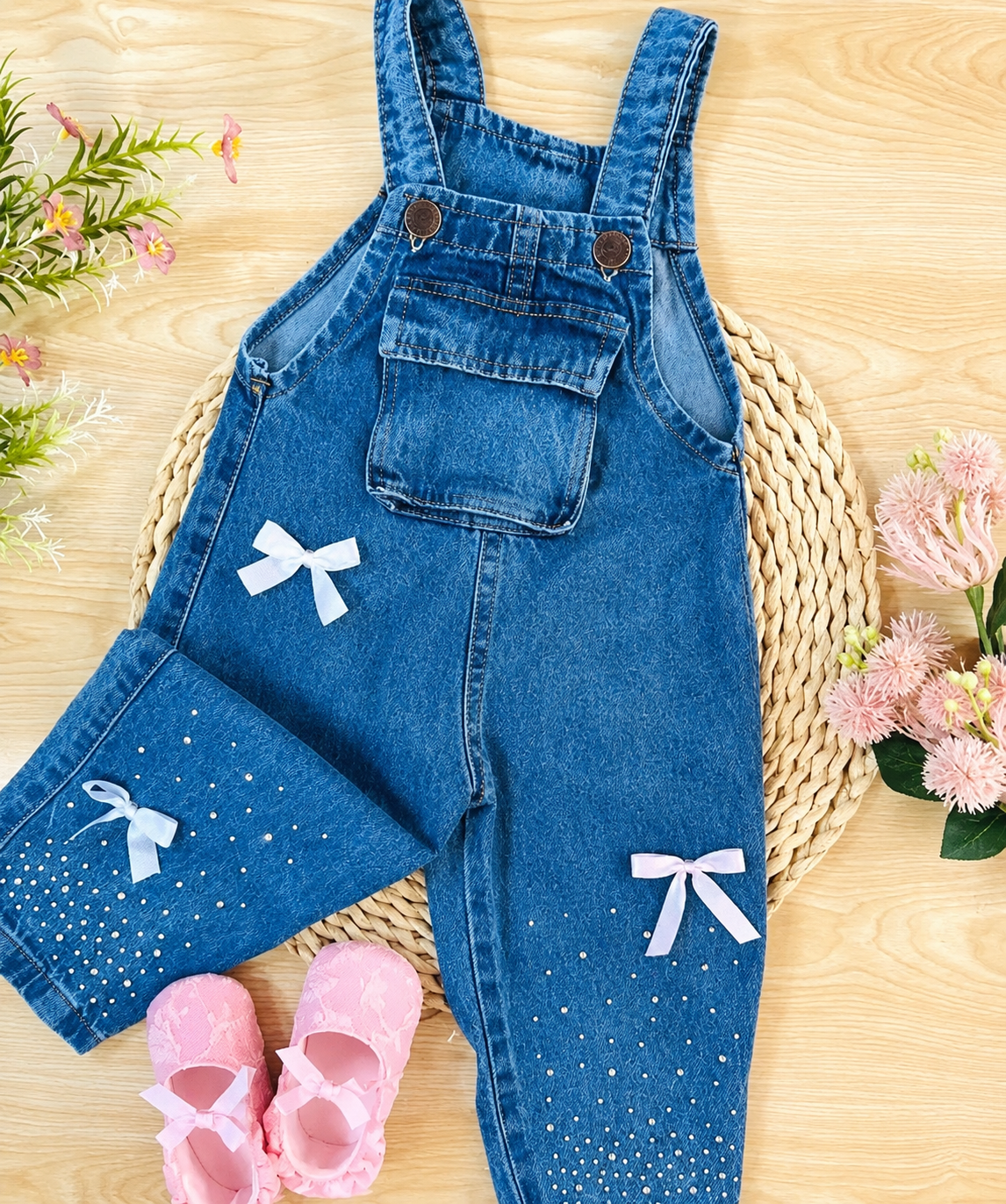Jardinera de jeans con brillos, moño 🎀✨ 3554