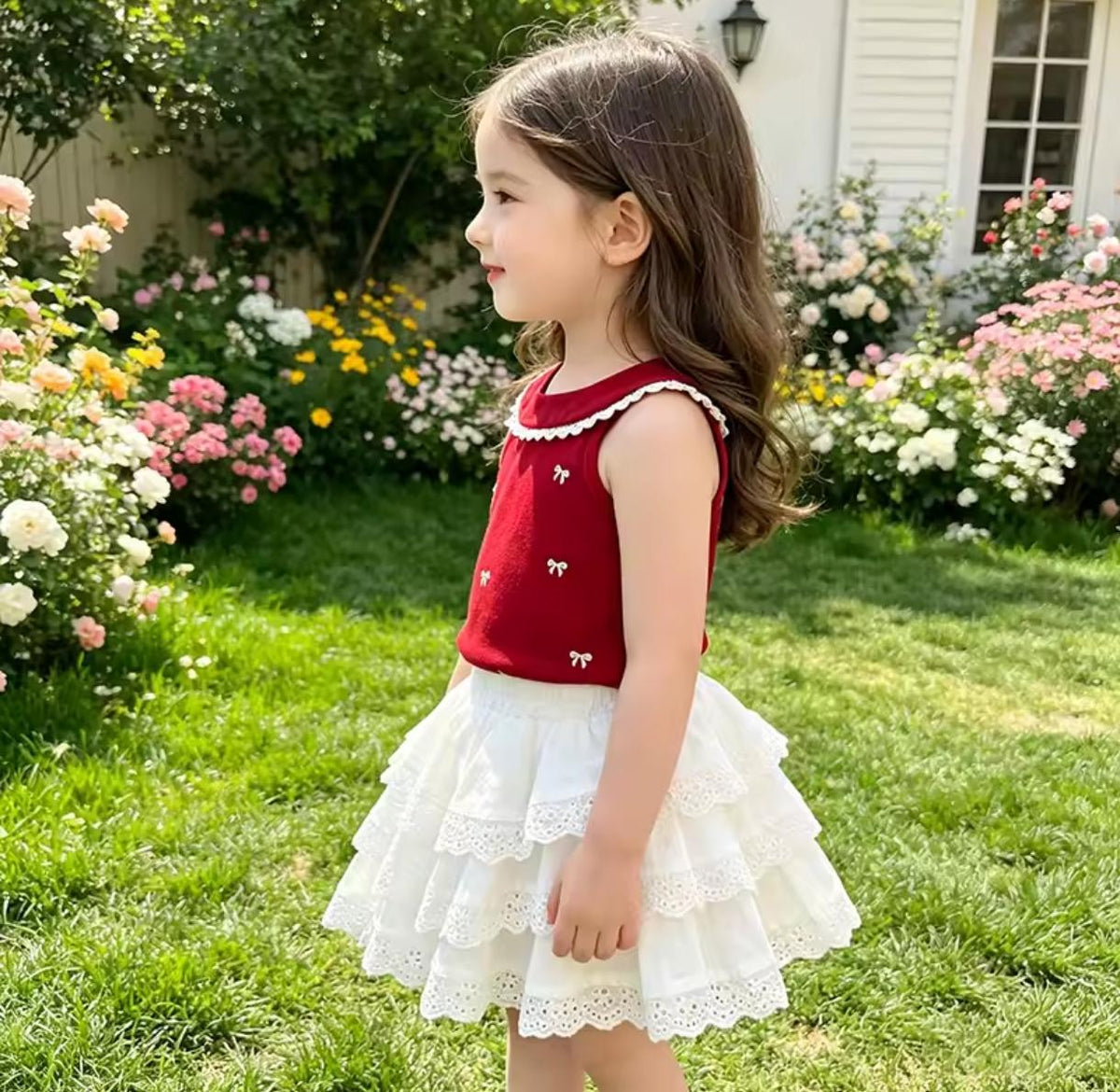 Conjunto blusita roja más short pollera beige ❤️ 3675