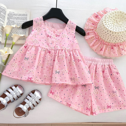 Conjunto blusa, short mas sombrero rosa, moñitos, moño 🎀💗 3658