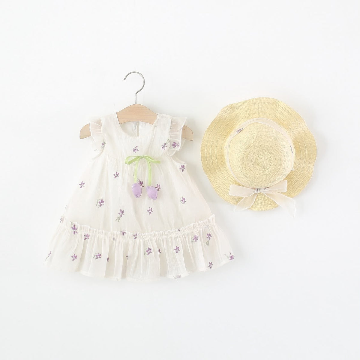 Vestido beige con detalles de flores con sombrero 💜👒 3665
