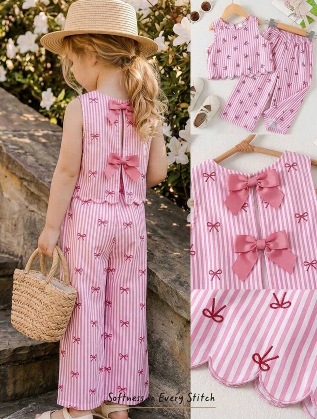 Conjunto pantalón más blusa rosa, moños 🎀🩷 3590
