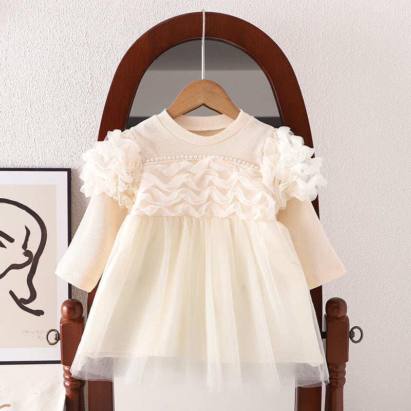 Vestido Beige, Bautismo, fiestas, mangas largas
