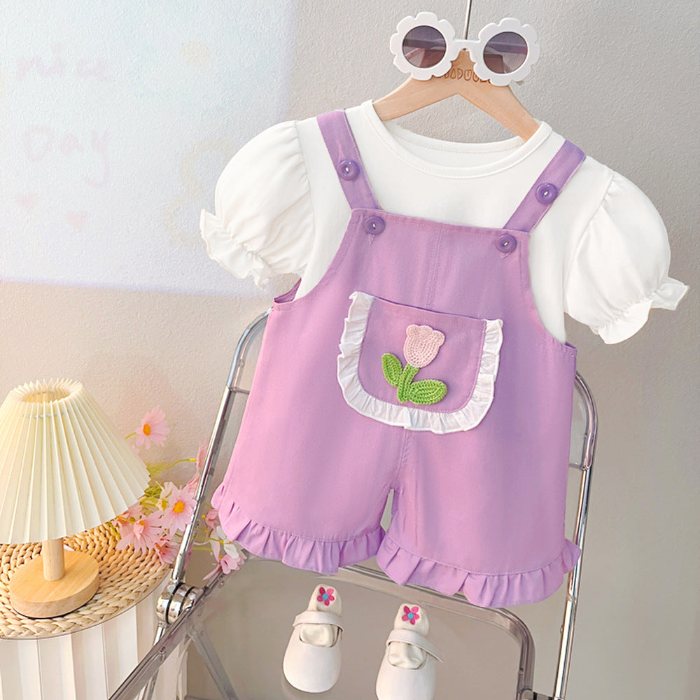Conjunto jardinera lila más remera blanca, tulipanes 1730